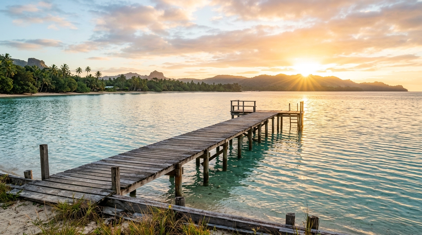 Scenic Coastal Waters and Boat Dock at Sunrise